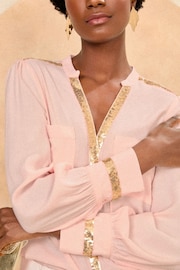 Love & Roses Pink and Gold Sequin Trim V Neck Blouse - Image 2 of 4