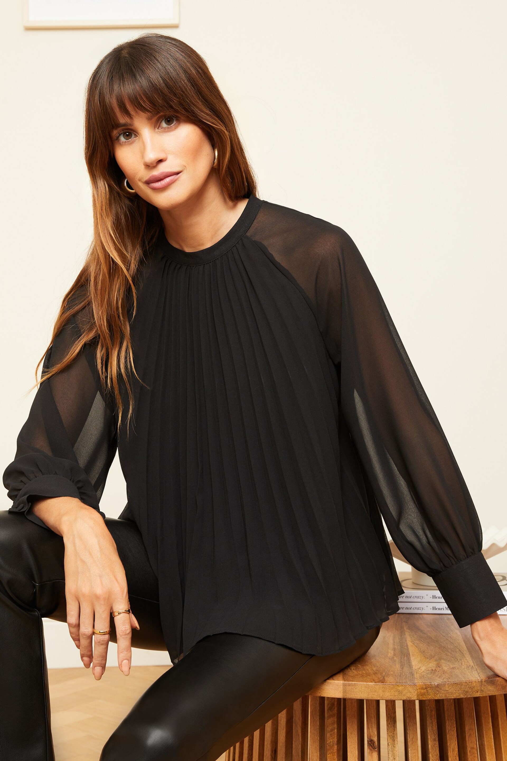 V&A | Love & Roses Black Chiffon Pleated Blouse - Image 1 of 4