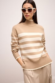 Neutral/Ecru Cream High Neck Stripe Cosy Knitted Jumper Long Sleeve Top - Image 1 of 6