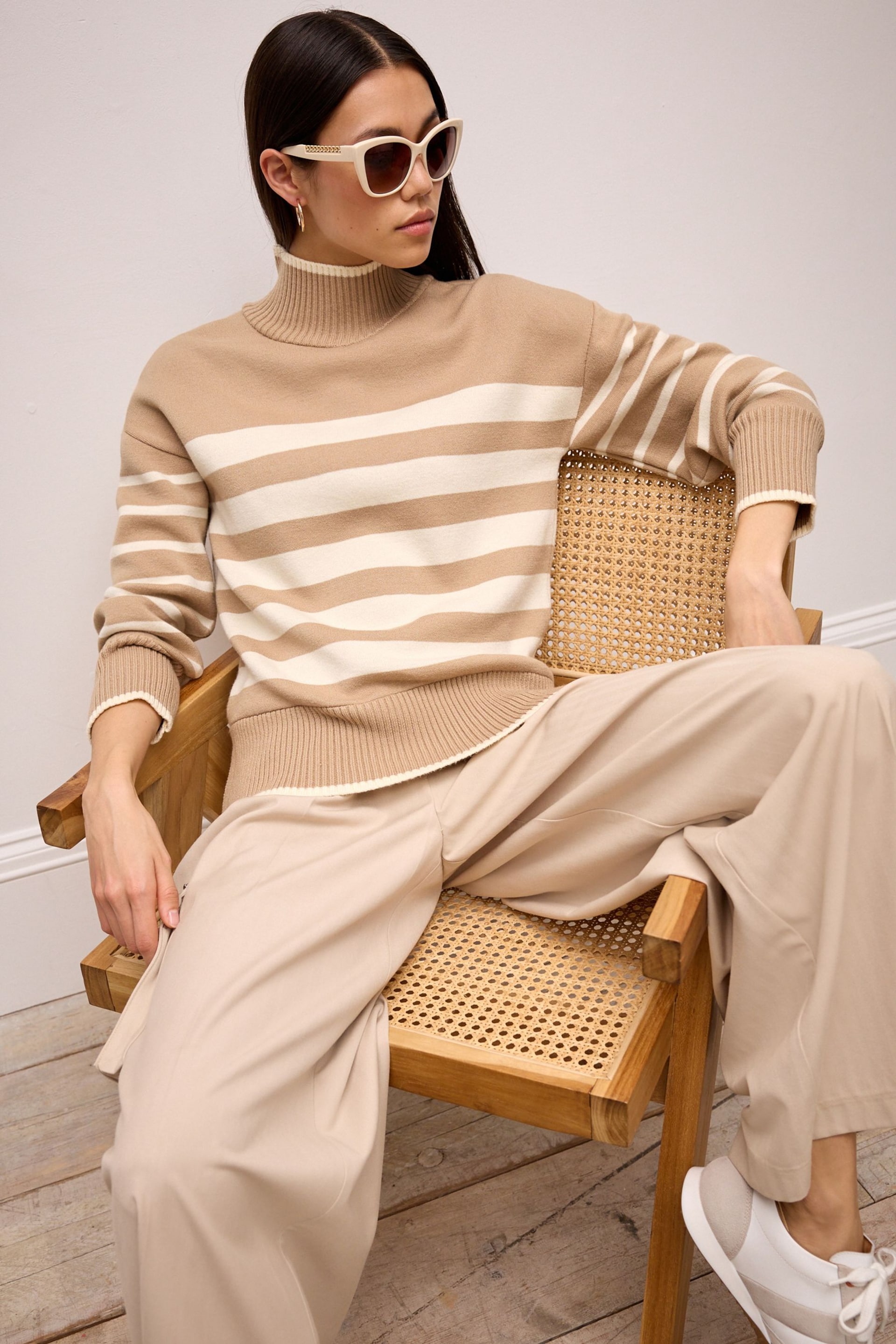 Neutral/Ecru Cream High Neck Stripe Cosy Knitted Jumper Long Sleeve Top - Image 2 of 6