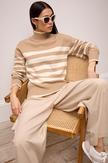 Neutral/Ecru Cream High Neck Stripe Cosy Knitted Jumper Long Sleeve Top