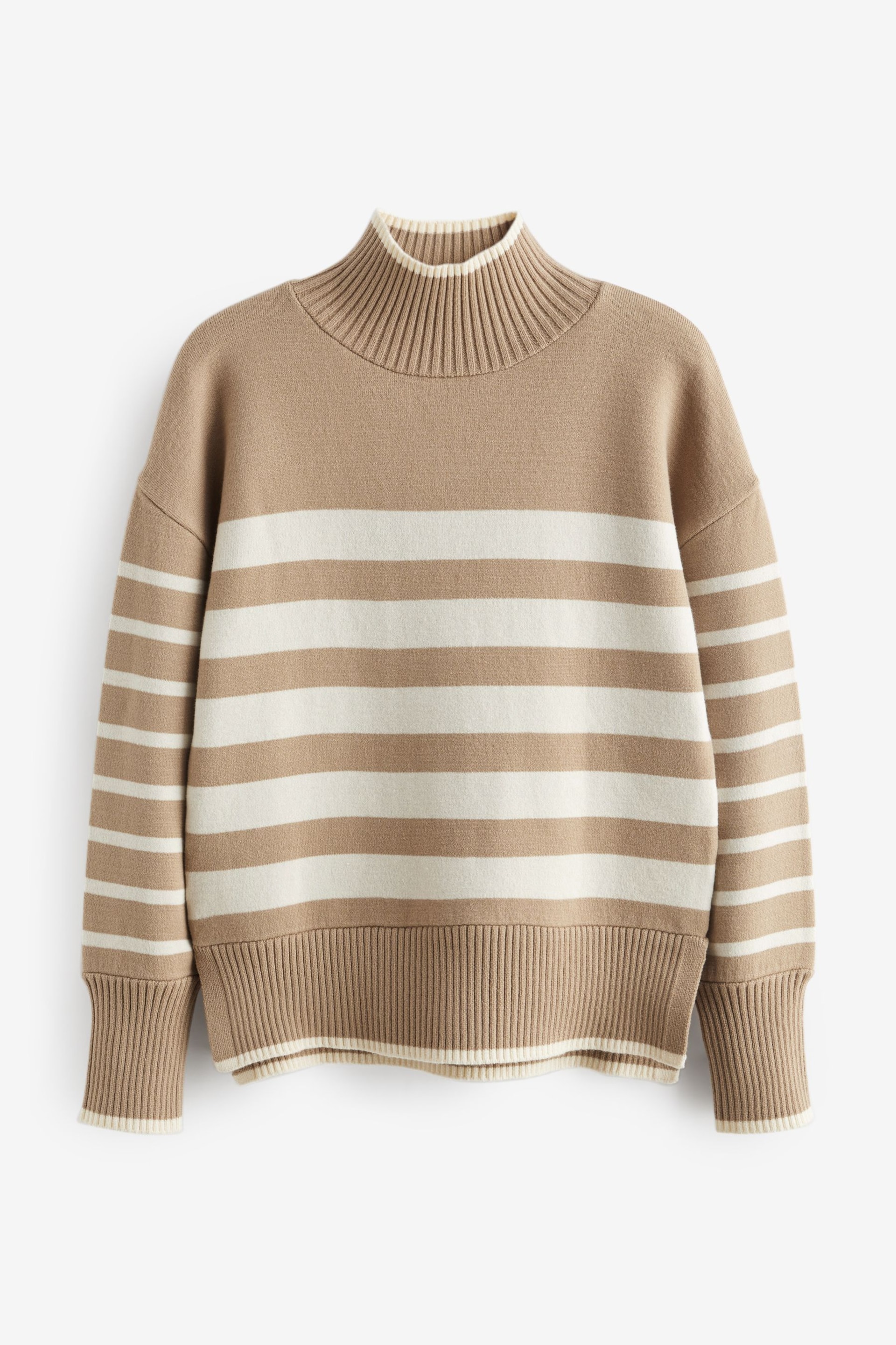 Neutral/Ecru Cream High Neck Stripe Cosy Knitted Jumper Long Sleeve Top - Image 5 of 6