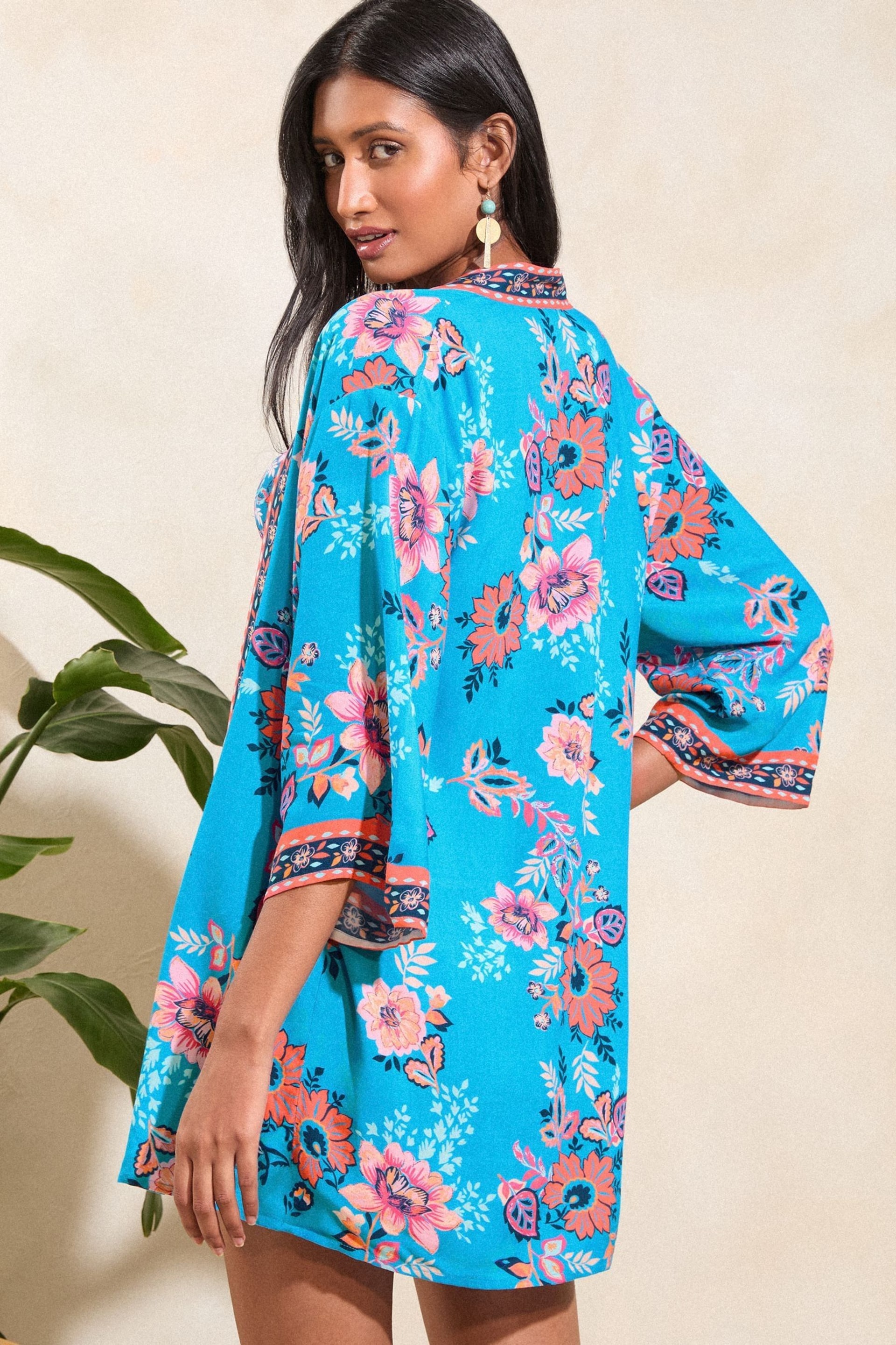 Love & Roses Blue Floral Printed Kimono Beach Coverup - Image 2 of 4