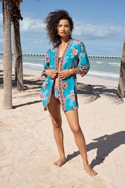 Love & Roses Blue Floral Printed Kimono Beach Coverup - Image 3 of 4