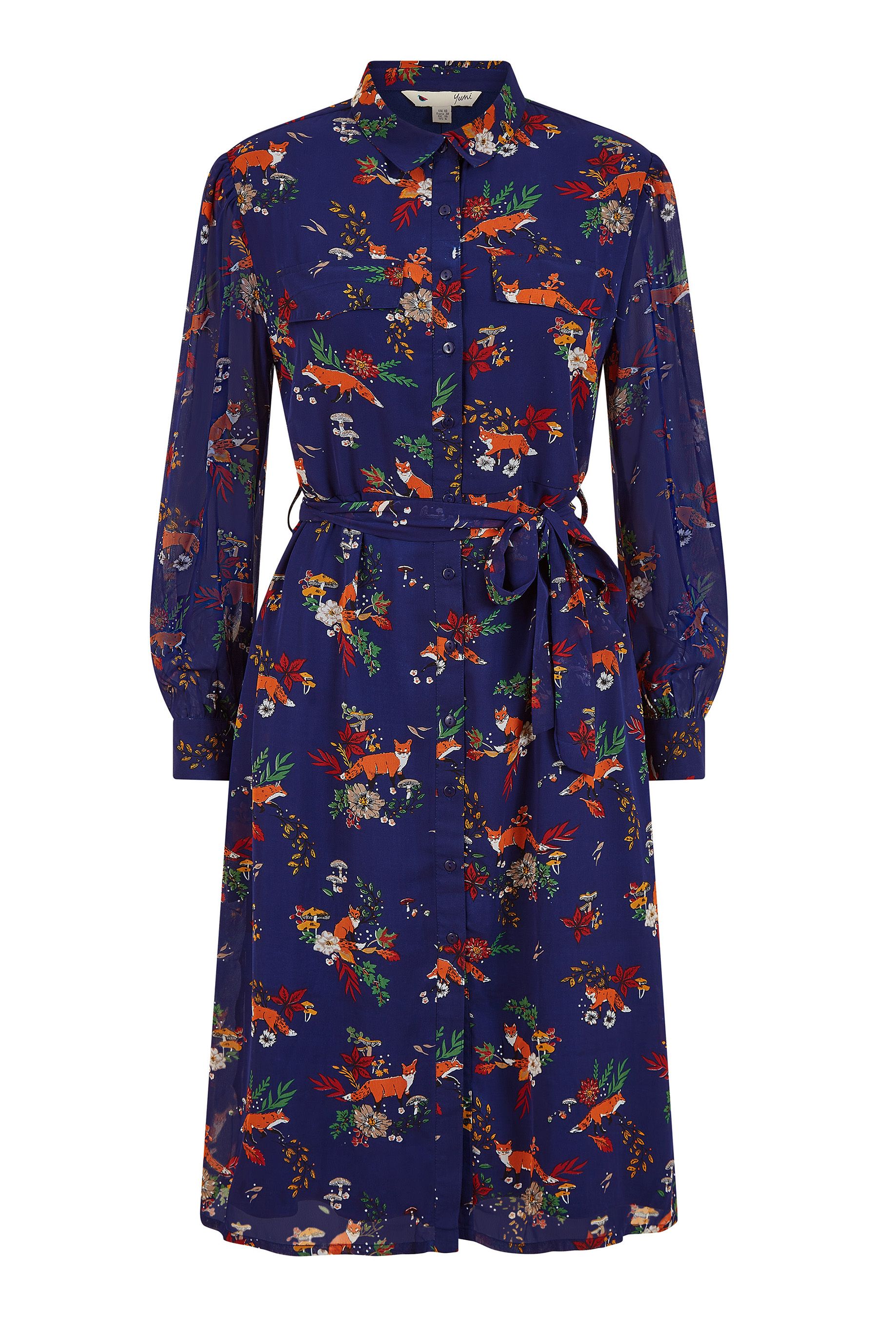 Buy Yumi Blue Fox Print Shirt Midi Dress from Next Luxembourg