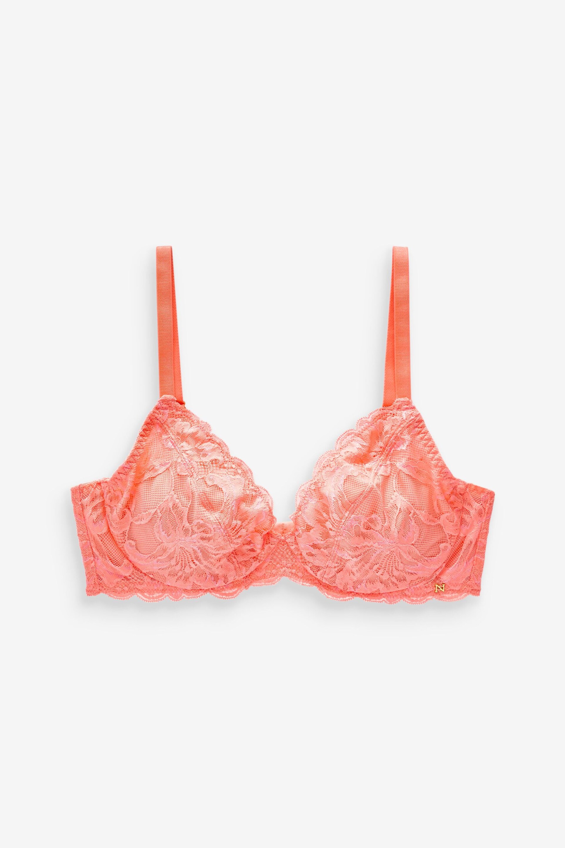 Coral Pink DD+ Non Pad Plunge Floral Lace Bra - Image 6 of 7