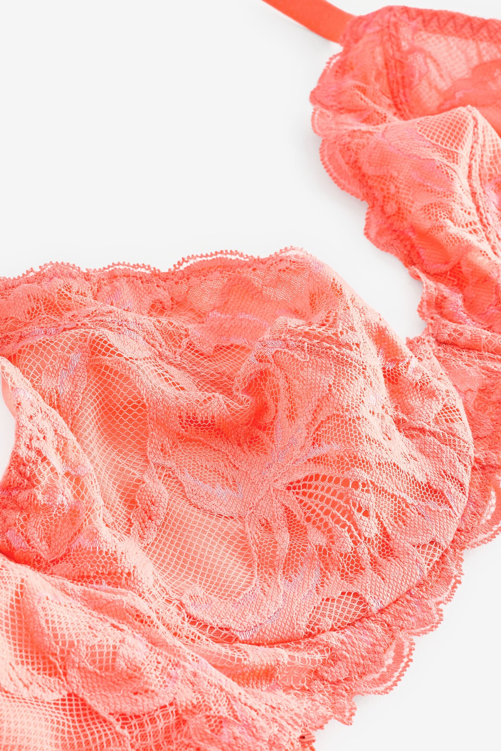 Coral Pink DD+ Non Pad Plunge Floral Lace Bra - Image 7 of 7