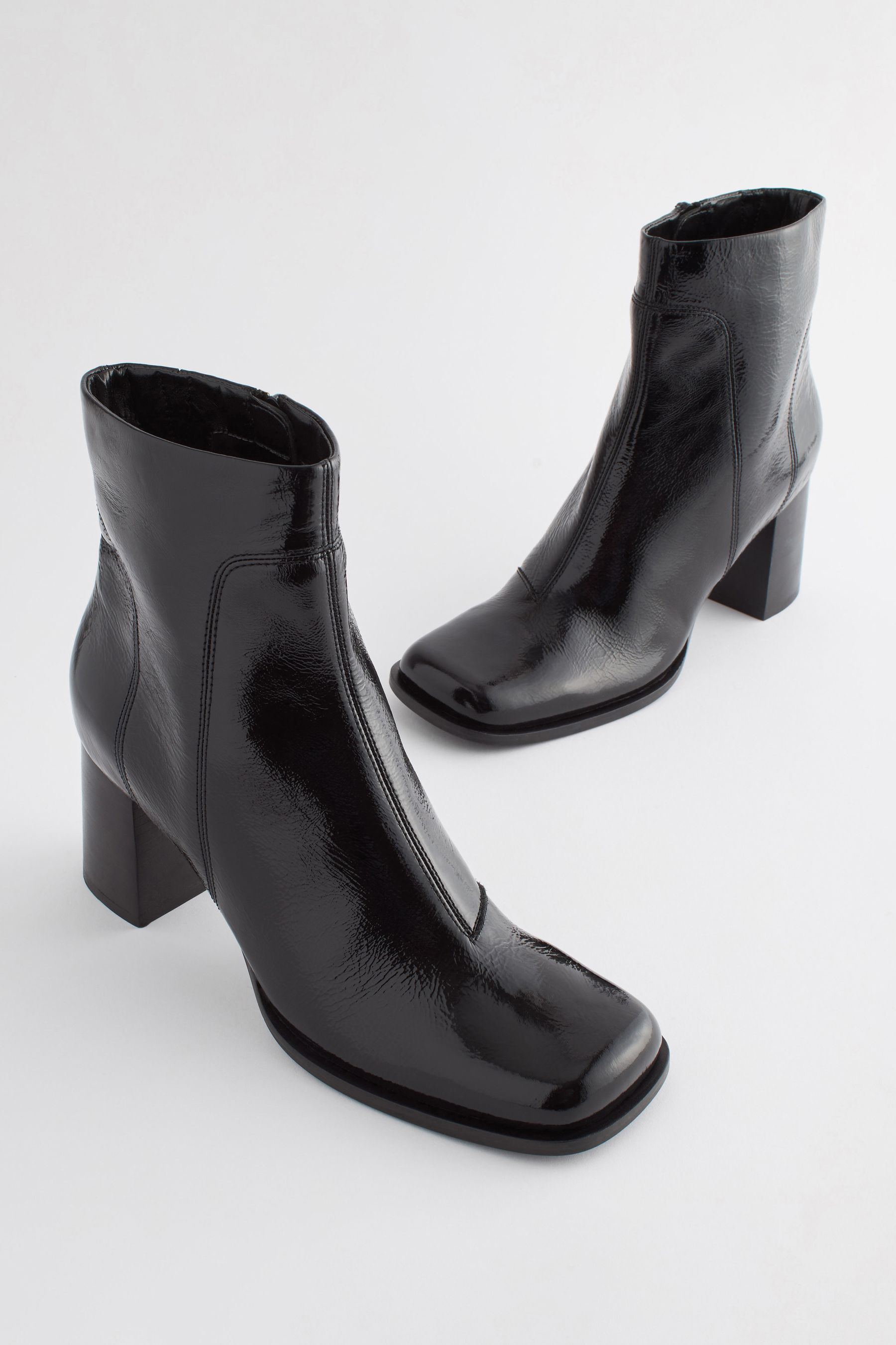 Square toe patent leather boots hotsell