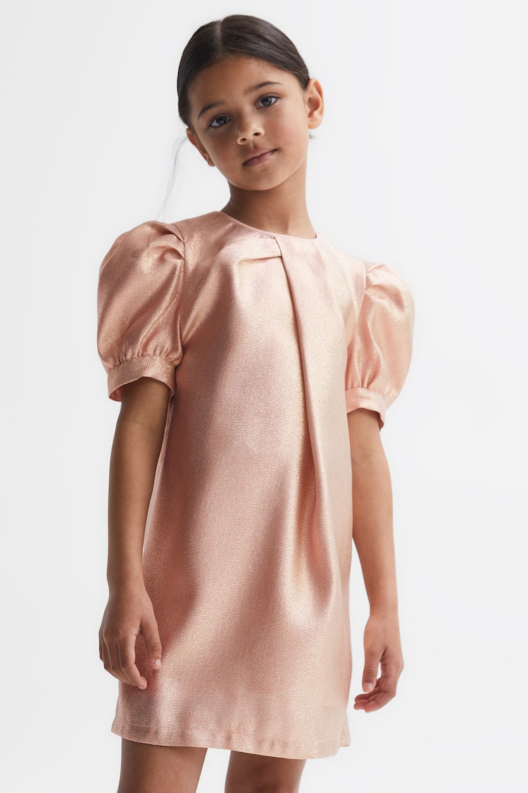 Reiss Pink Lexi Junior Metallic Puff Sleeve Dress - Image 1 of 6