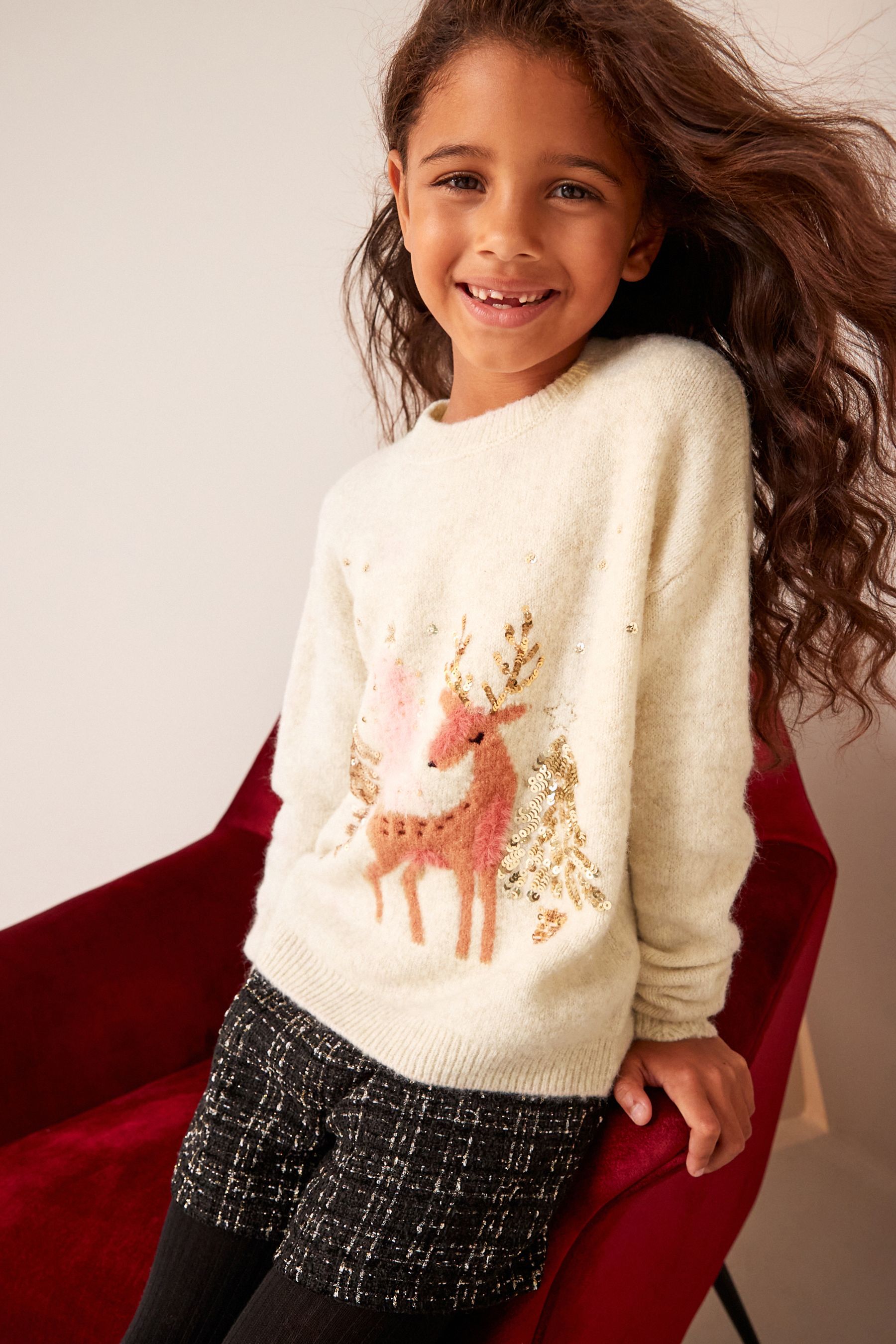 Buy Cream Deer Sequin Jumper 3 16yrs from Next Luxembourg