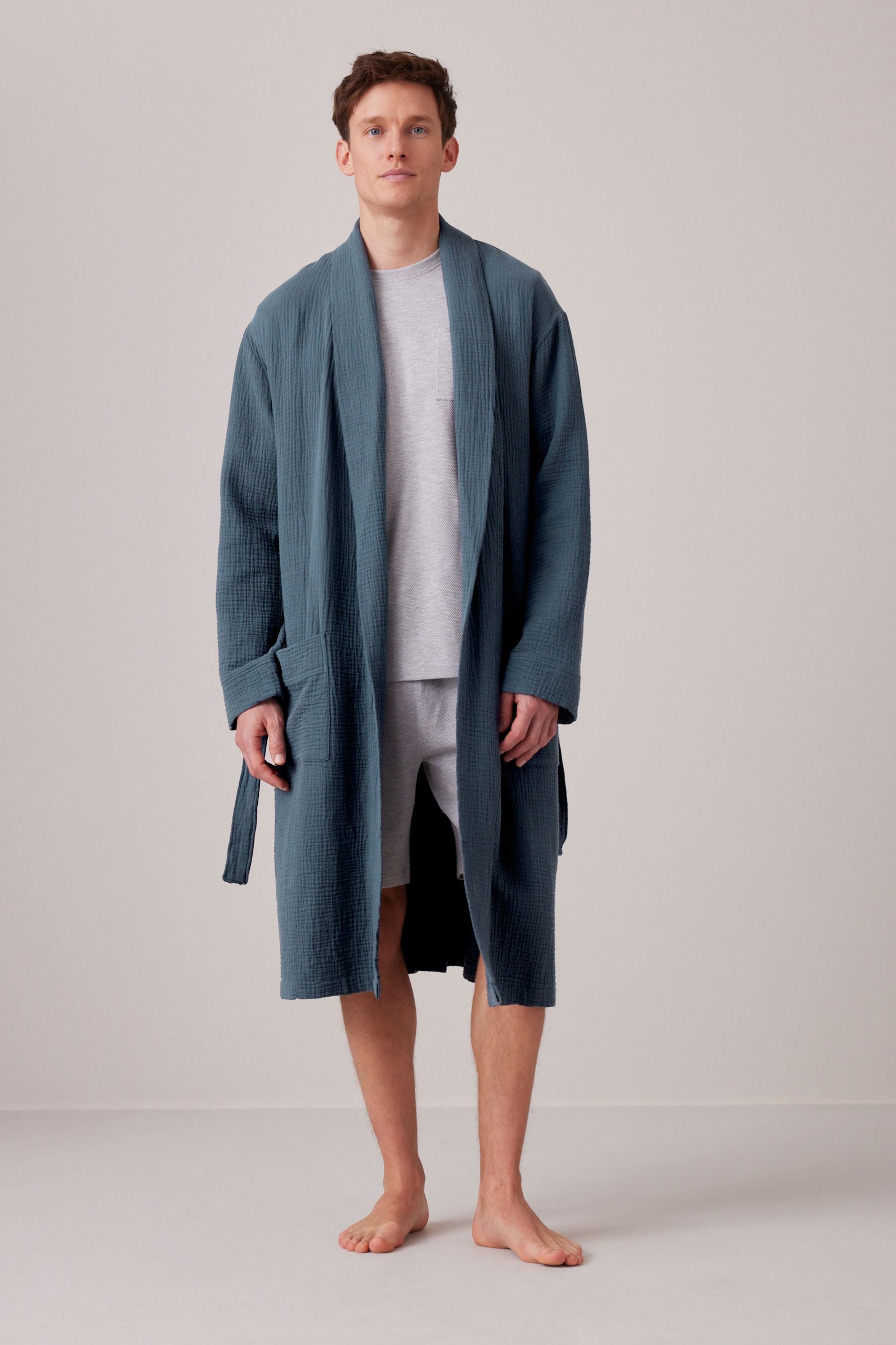 Buy Blue 100 Cotton Lightweight Textured Dressing Gown from Next Luxembourg