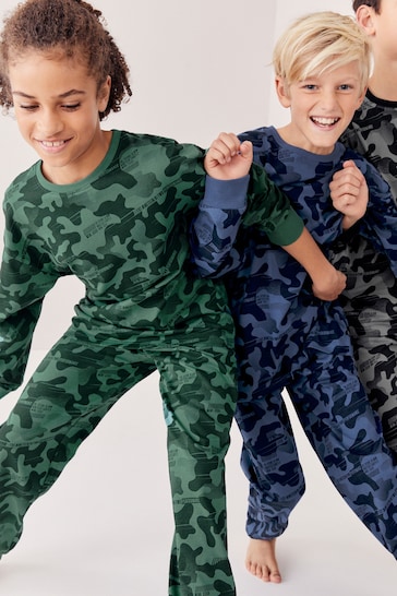 Grey/Blue/Green Camouflage 3 Pack Long Sleeve Pyjamas (3-16yrs)
