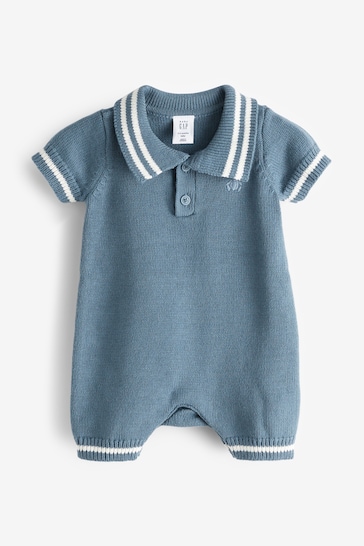 Gap Blue Brannan Bear Baby Knitted Short Sleeve Collared Rompersuit (Newborn-24mths)