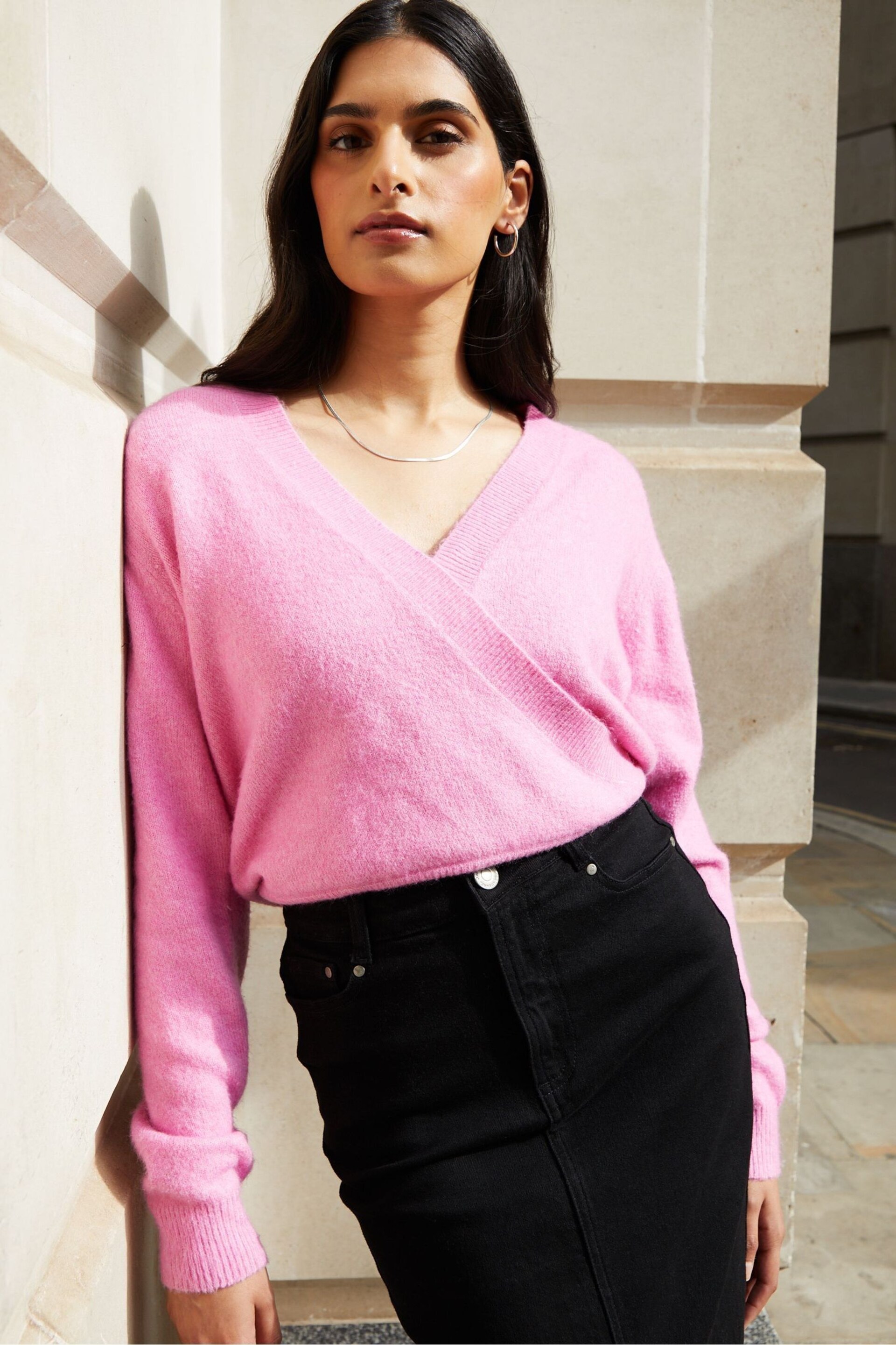 Threadbare Pink Wrap Front Knitted Jumper - Image 1 of 4