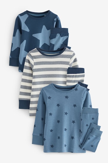 Blue/White Stars Long Sleeve 3 Pack Pyjamas Set (9mths-10yrs)