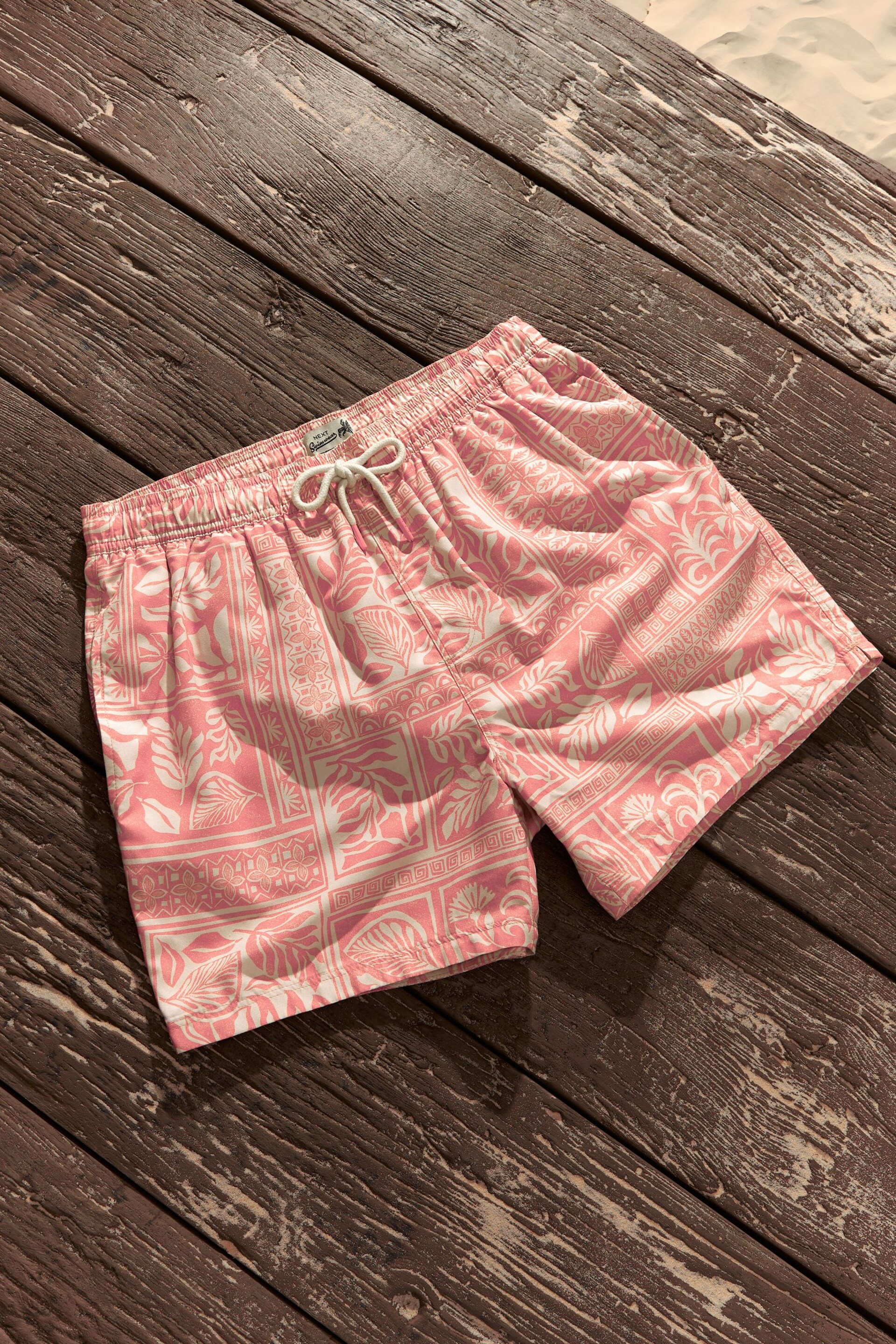 Light Pink Textured Artisan Tile Regular Fit Printed Swim Shorts - Image 6 of 11