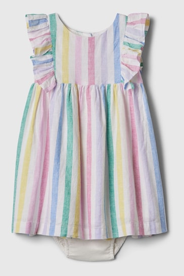 Gap White Rainbow Stripe Baby Linen-Cotton Blend Flutter Sleeve Dress (Newborn-5yrs)