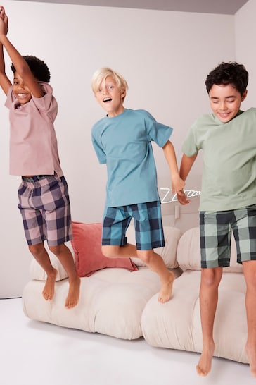 Khaki/Lilac Woven Check Short Pyjamas 3 Pack (3-16yrs)