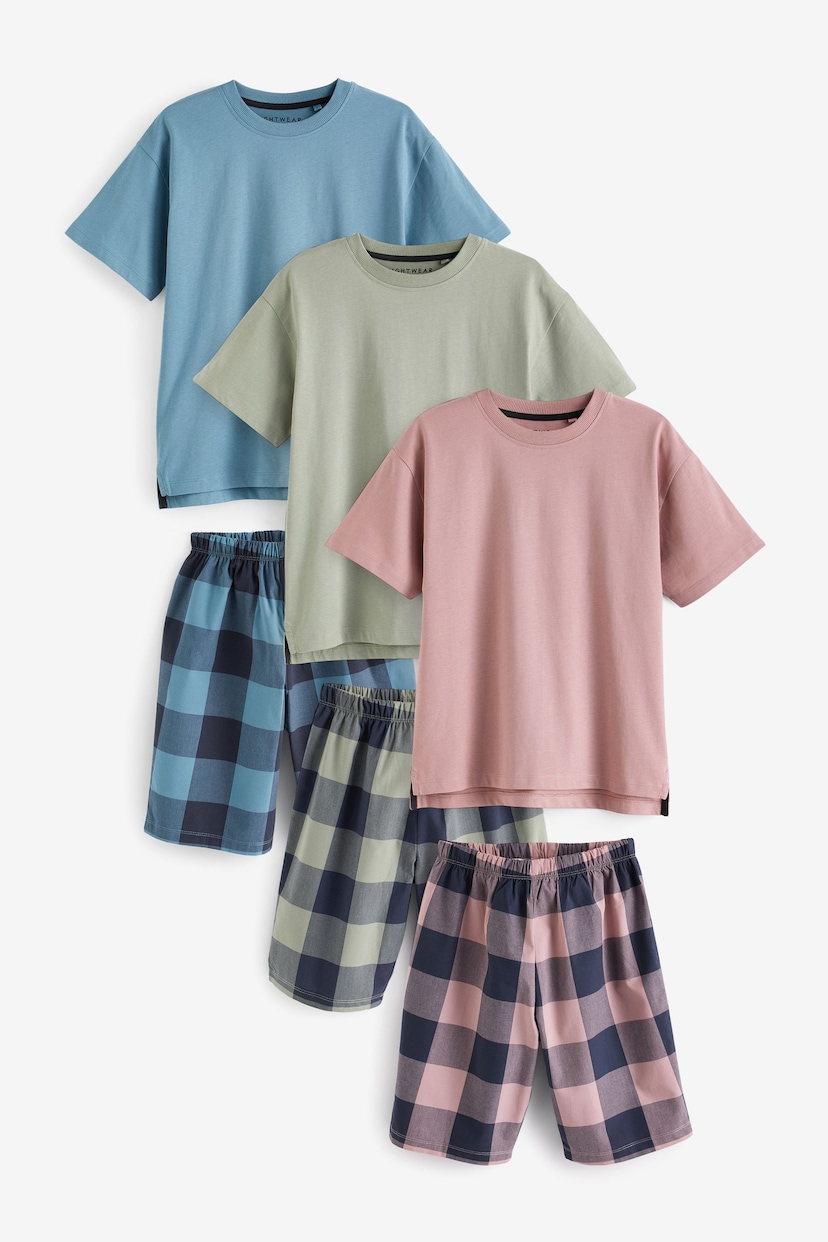 Khaki/Lilac Woven Check Short Pyjamas 3 Pack (3-16yrs) - Image 5 of 7