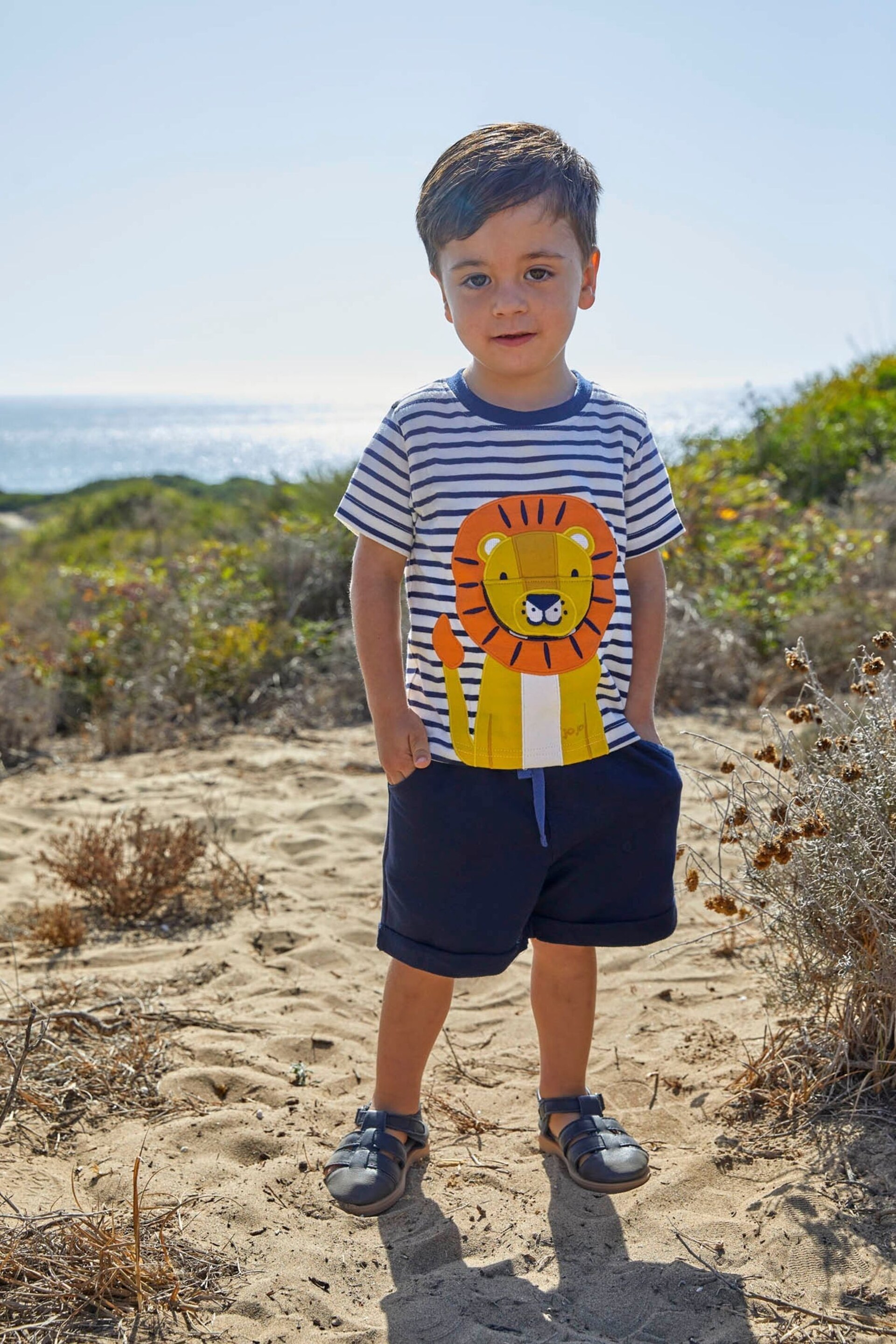 JoJo Maman Bébé Ecru Navy Stripe Stripe Lion Appliqué T-Shirt - Image 1 of 7