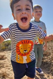 JoJo Maman Bébé Ecru Navy Stripe Stripe Lion Appliqué T-Shirt - Image 3 of 7