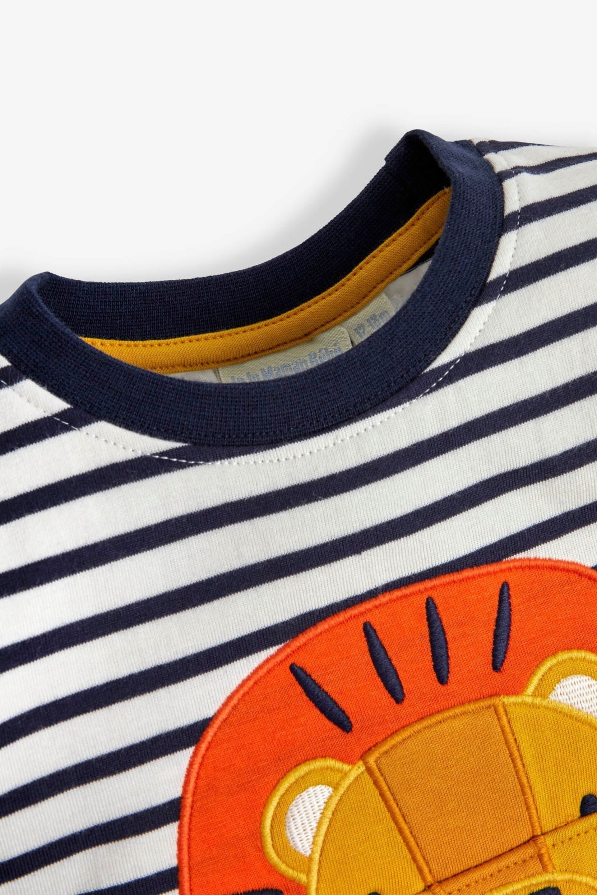 JoJo Maman Bébé Ecru Navy Stripe Stripe Lion Appliqué T-Shirt - Image 6 of 7