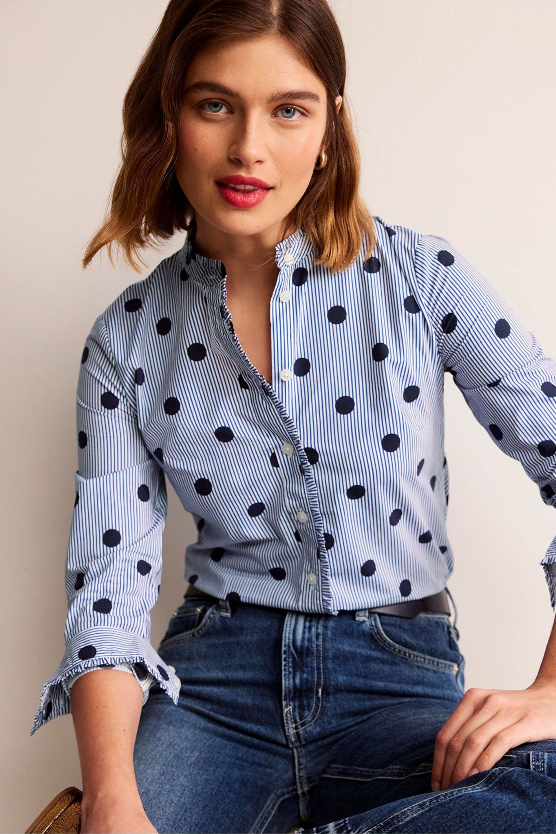 Boden Blue Ruffled Cotton Poplin Shirt - Image 4 of 6