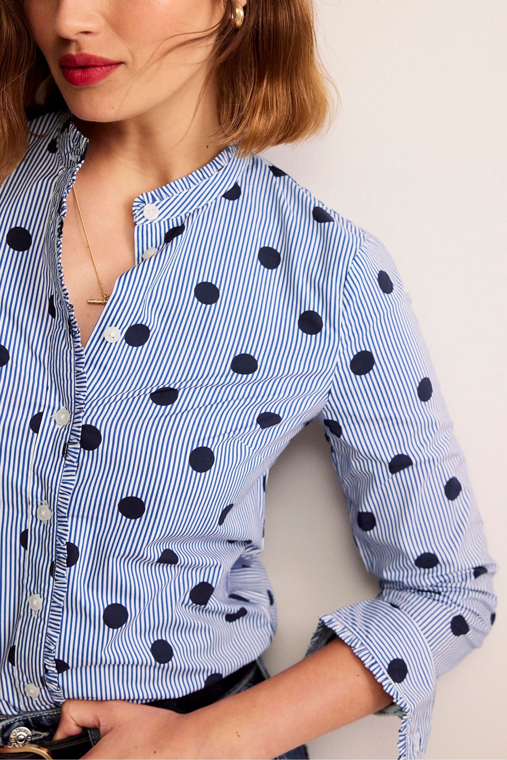 Boden Blue Ruffled Cotton Poplin Shirt - Image 5 of 6