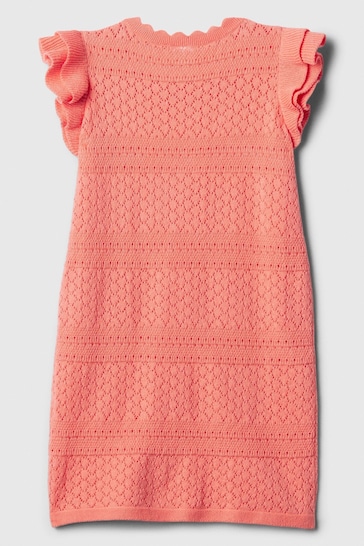 Gap Coral Pink Crochet Knitted Flutter Sleeve Dress (3mths-5yrs)