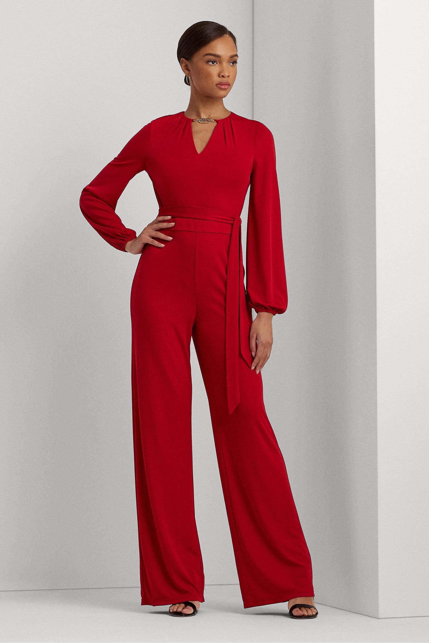 Buy Lauren Ralph Lauren Red Logo Trim Jersey Wide Leg Jumpsuit from Next Luxembourg
