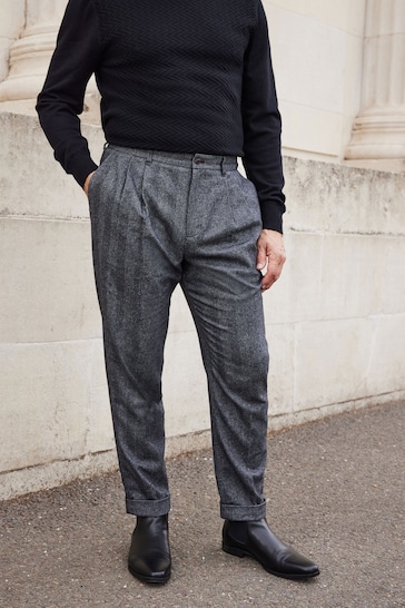 Grey Herringbone Relaxed Tapered Nova Fides Italian Fabric Trousers With Wool