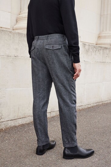 Grey Herringbone Relaxed Tapered Nova Fides Italian Fabric Trousers With Wool