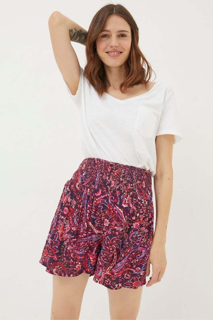 FatFace Bright Purple Paisley Shirred Waist Shorts - Image 1 of 5