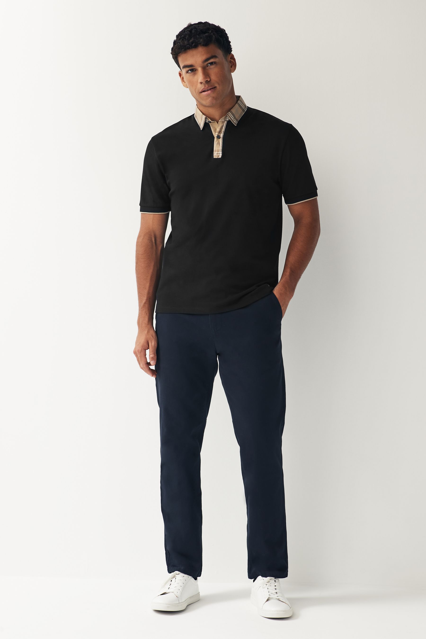 Buy Black Check Short Sleeve Smart Collar Polo Shirt from Next Oman