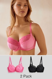Bright Pink/Black DD Plus Non Pad Wired Full Cup Microfibre and Lace Bras 2 Pack - Image 1 of 2