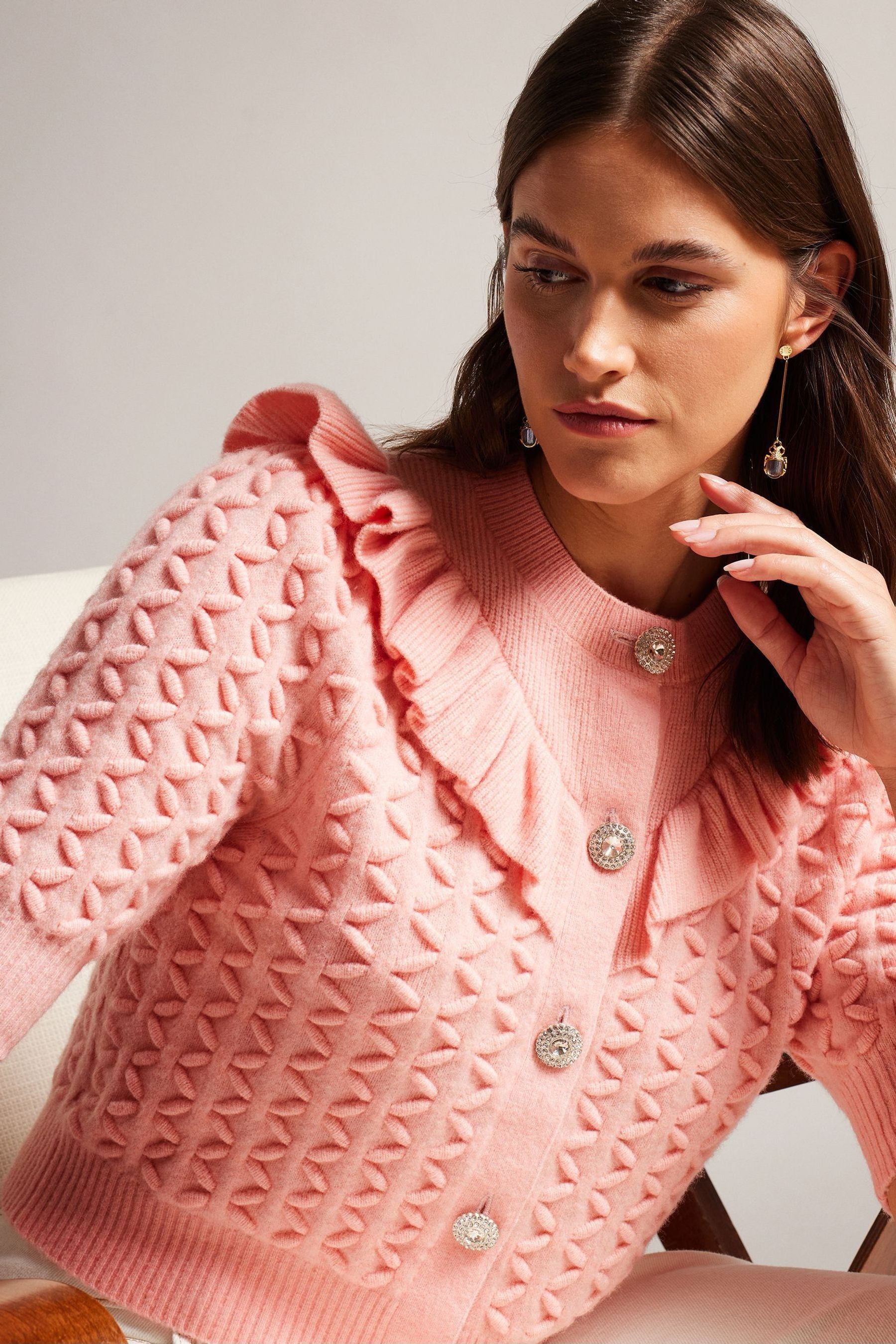 Buy Ted Baker Pink Haniha Crew Neck Frill Detail Cardigan from Next Lithuania