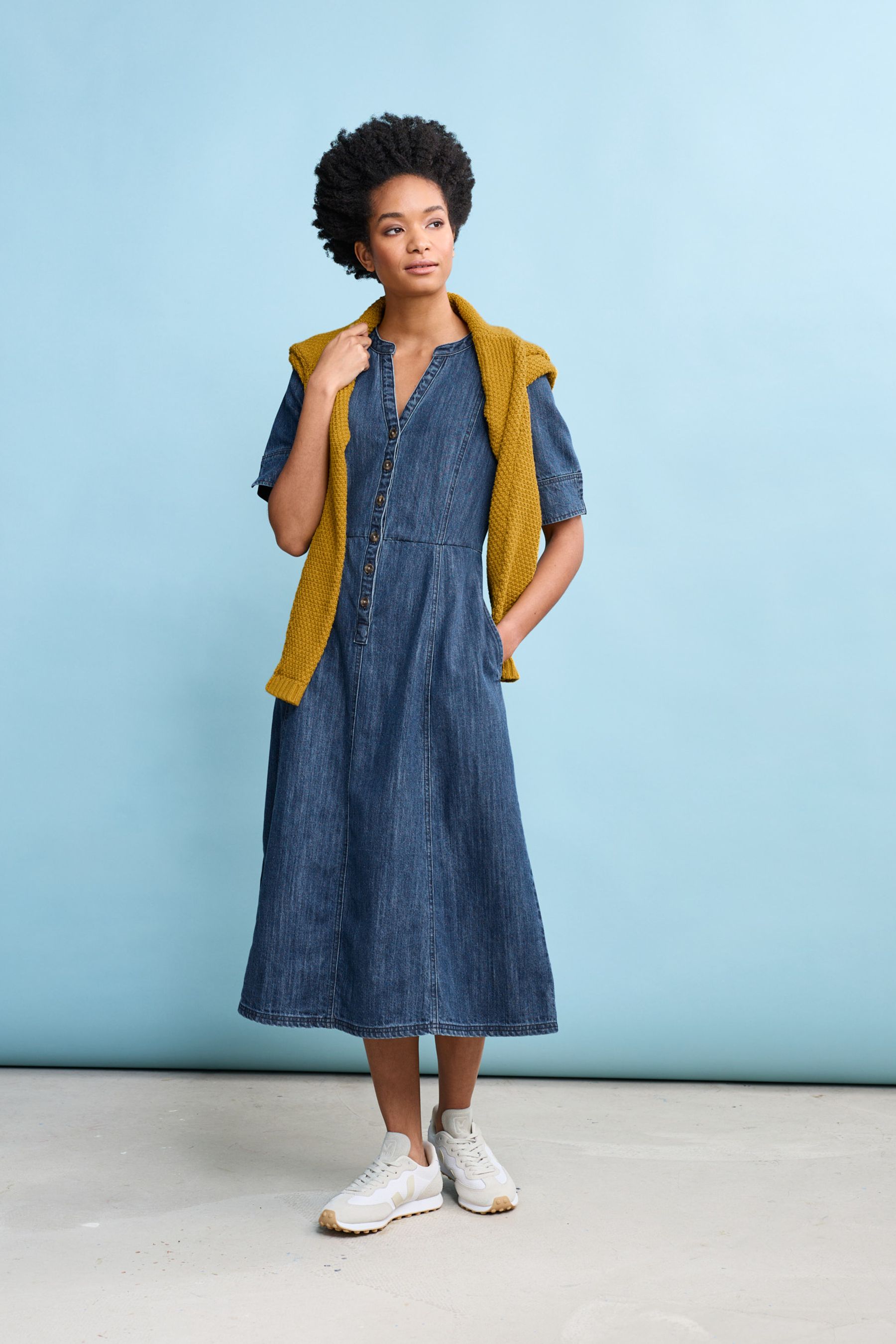 Blue denim midi dress top