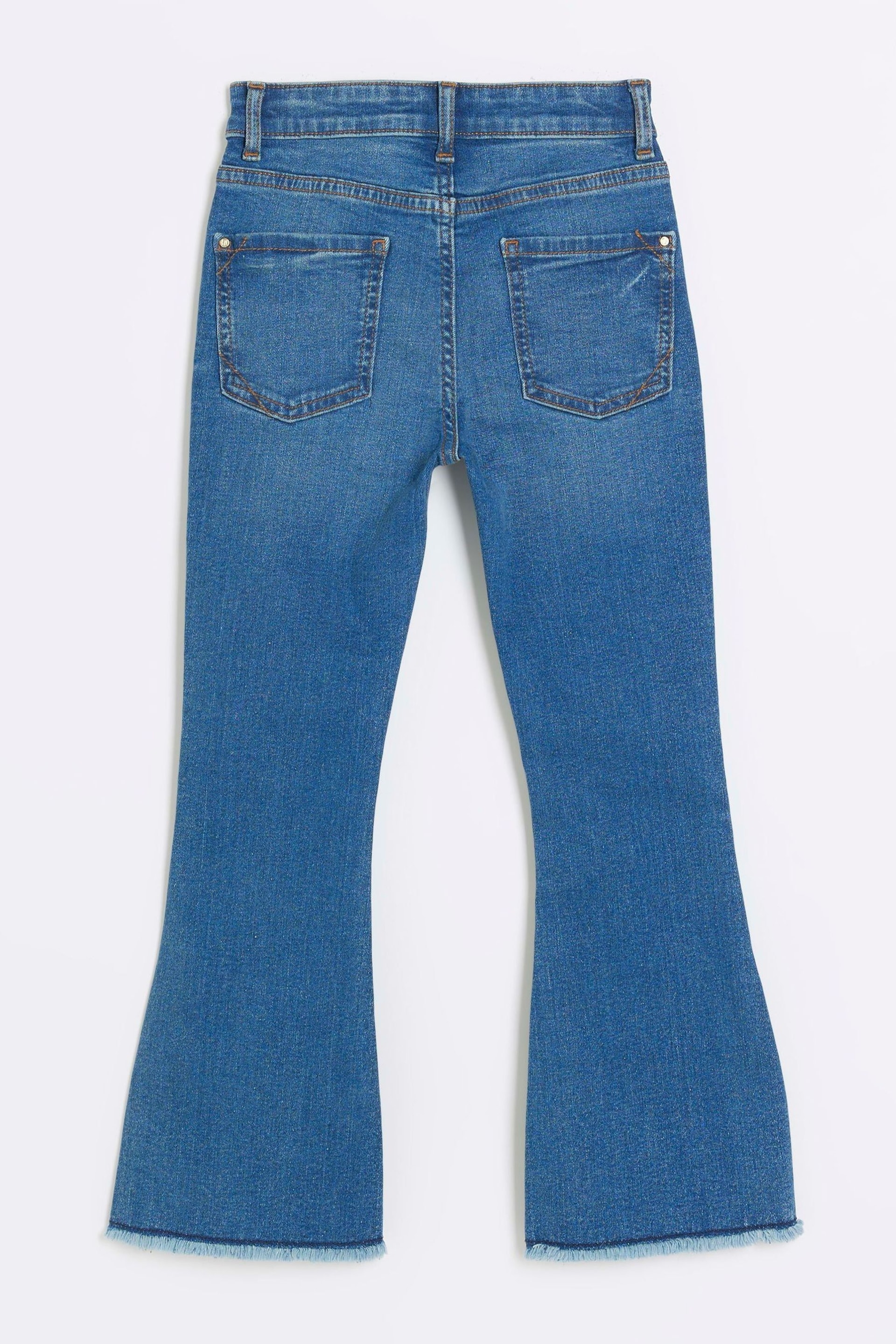 River Island Dark Blue Girls Wash Ripped Flare Jeans - Image 4 of 5