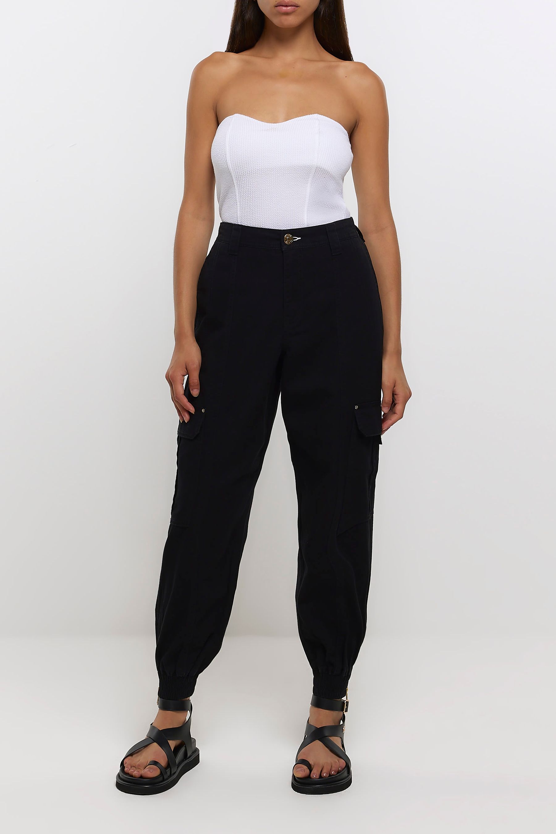 Buy River Island Black Self Belt Cuffed Cargo Trousers from the