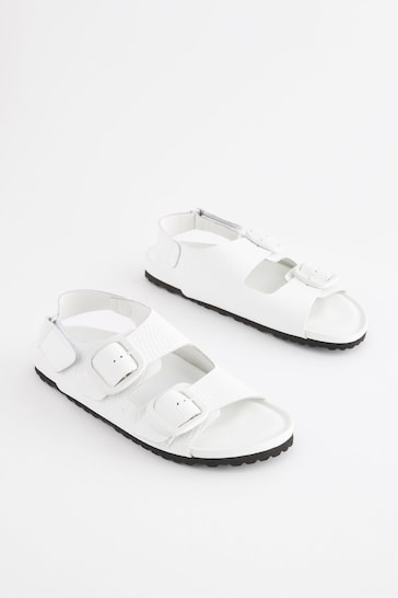 White Croc Effect Back Strap Leather Footbed Sandals