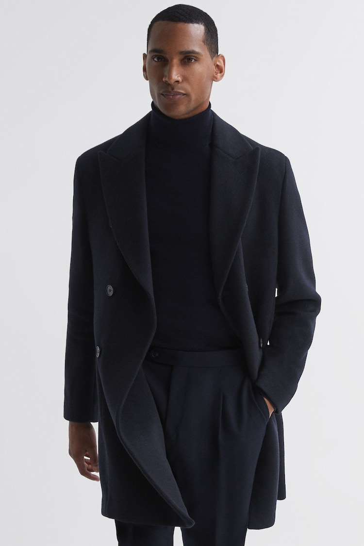 Reiss Navy Timpano Wool Blend Double Breasted Epsom Coat - Image 1 of 4