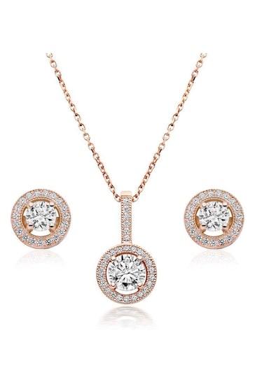 Beaverbrooks Sterling Silver Rose Gold Plated Cubic Zirconia Pendant & Earrings Set