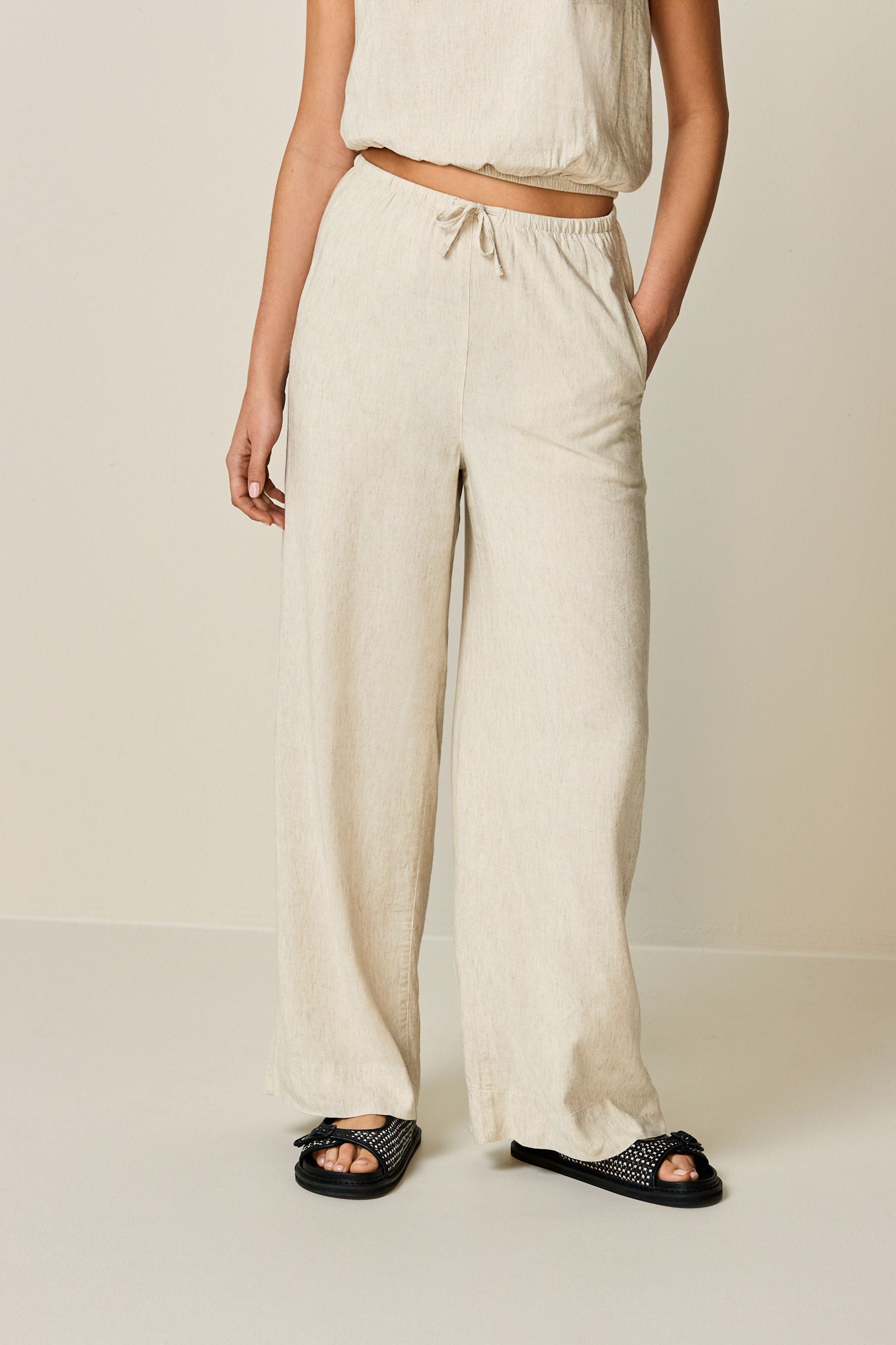 Buy Natural Tie Waist Wide Leg Trousers with Linen from Next Luxembourg