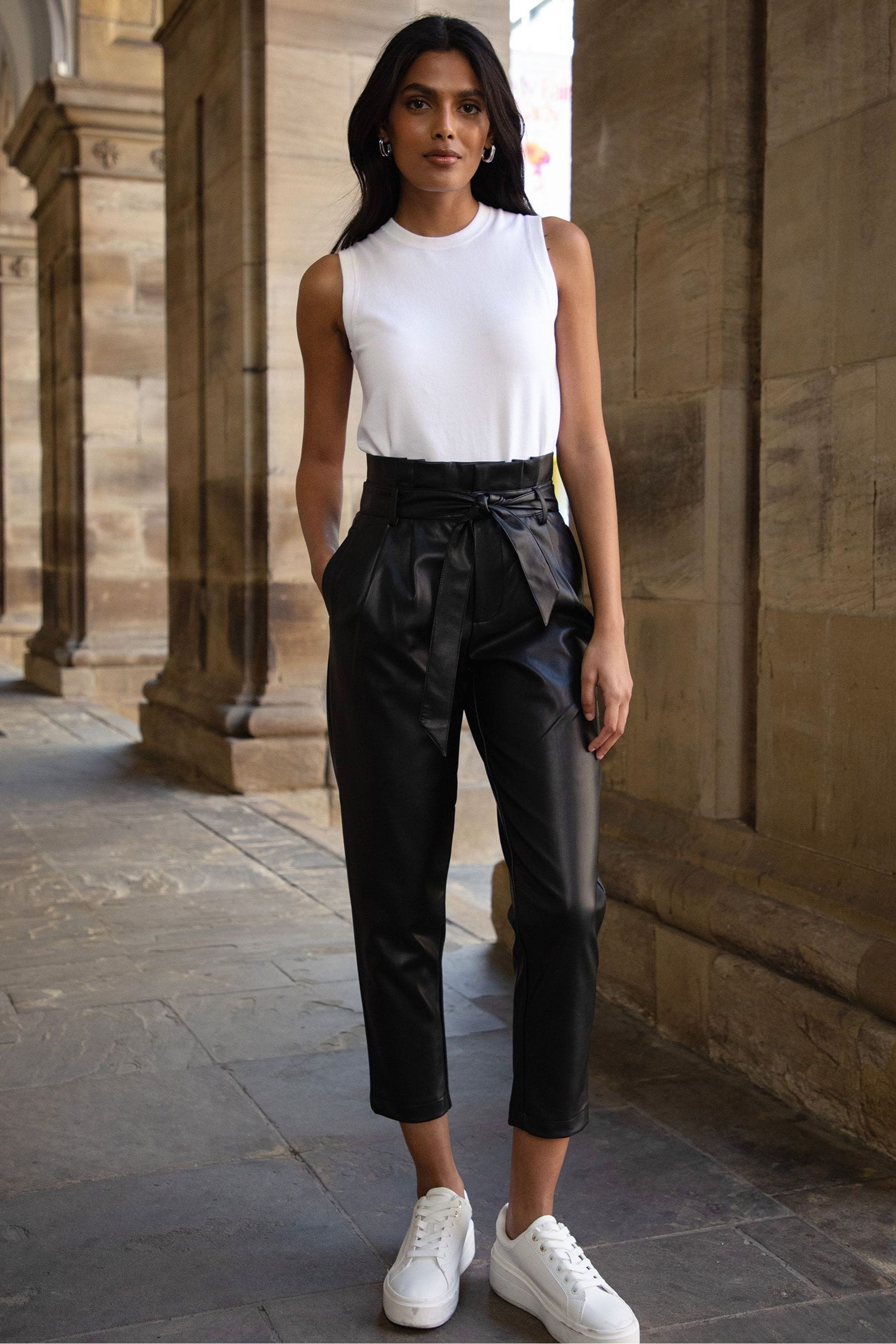 Buy Threadbare Black Tie Waist PU Faux Leather Tapered Trousers