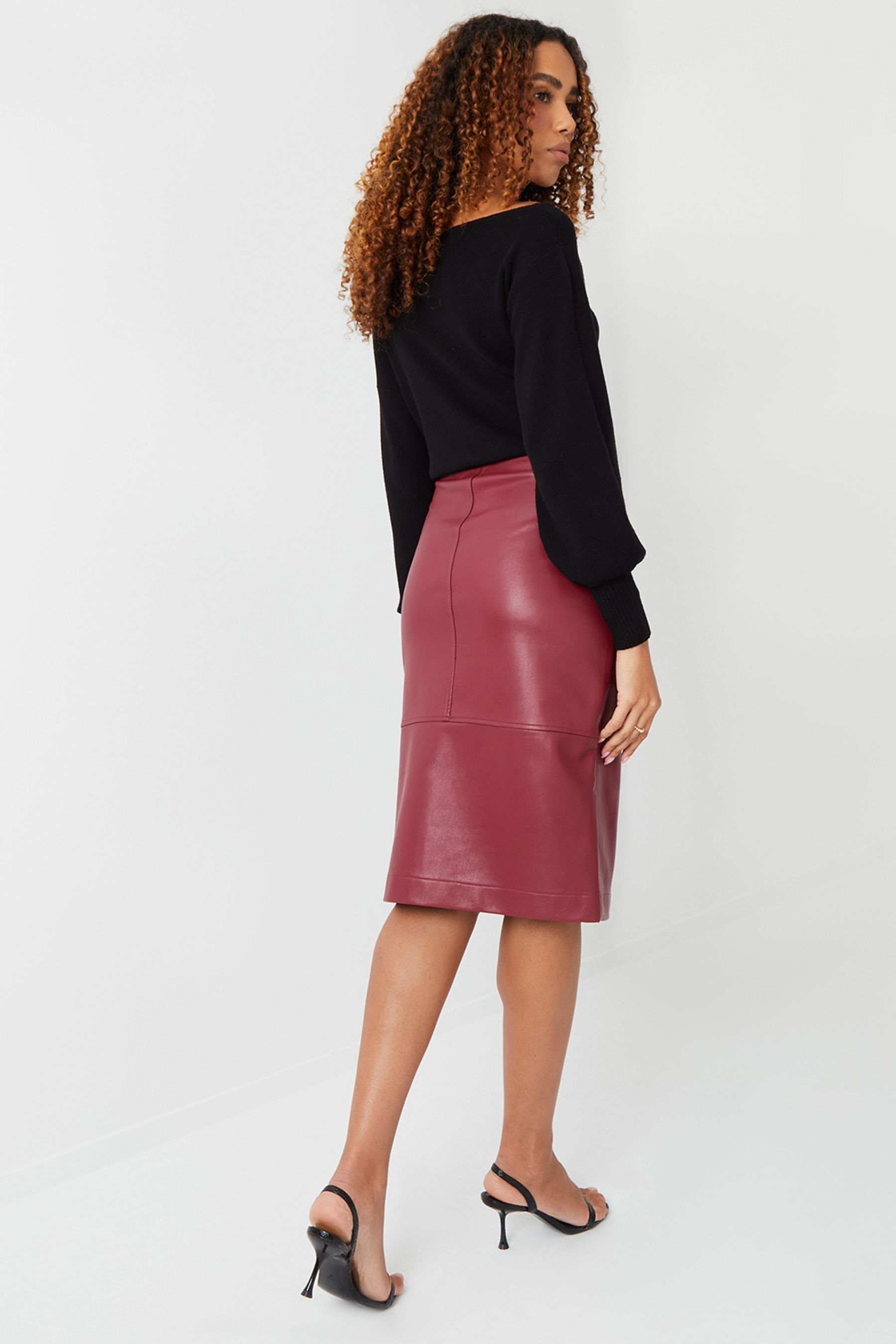 Mid length online leather skirt