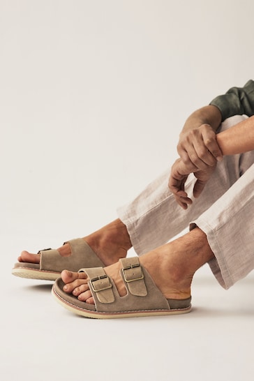 Taupe Brown Suede Two Buckle Sandals