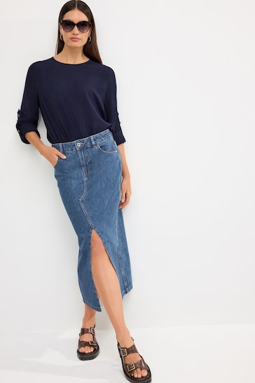 Mid Blue Split Front Denim Midi Skirt