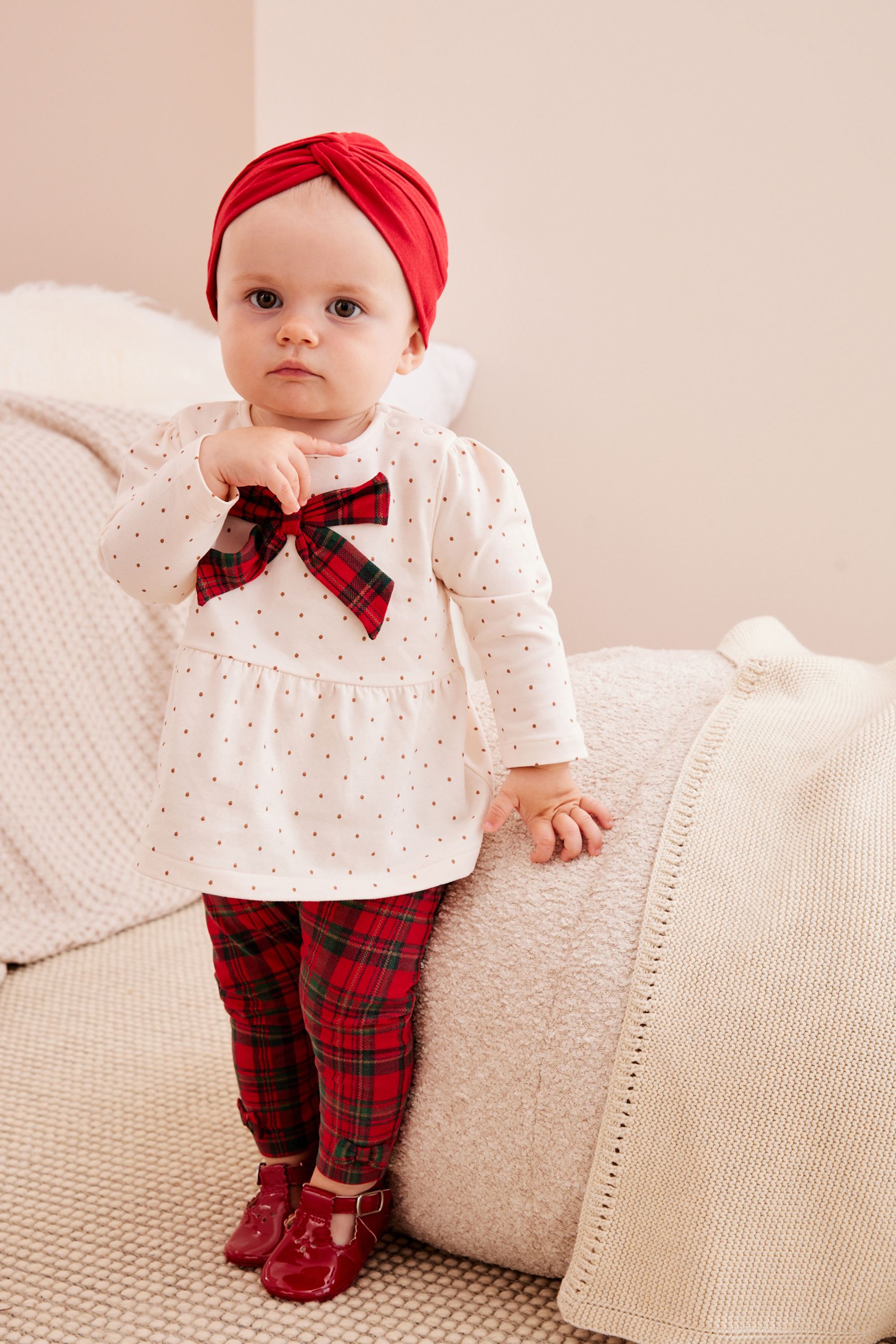 Buy Red Ecru White Tartan Jersey Top Leggings Hat 3 Piece Set from Next Austria