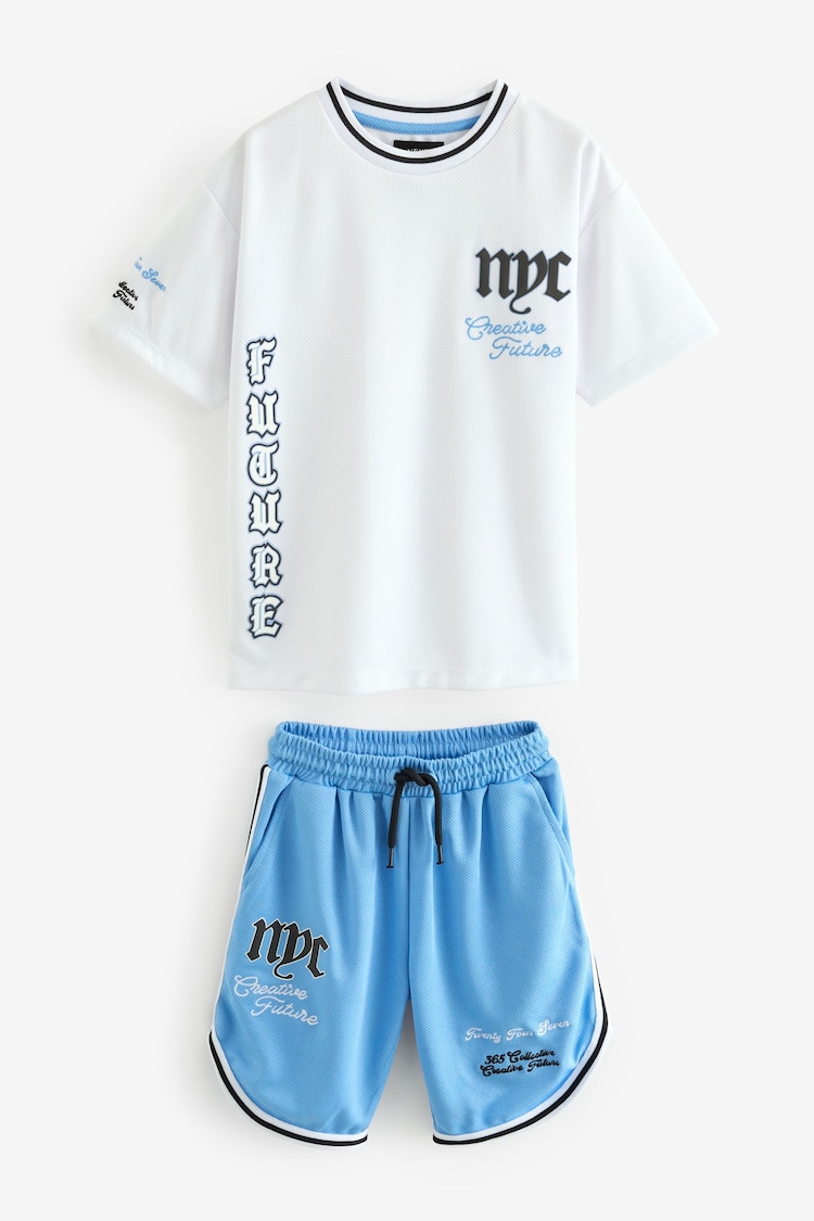 White/Blue NYC Mesh T-Shirt and Shorts Set (3-16yrs) - Image 1 of 3