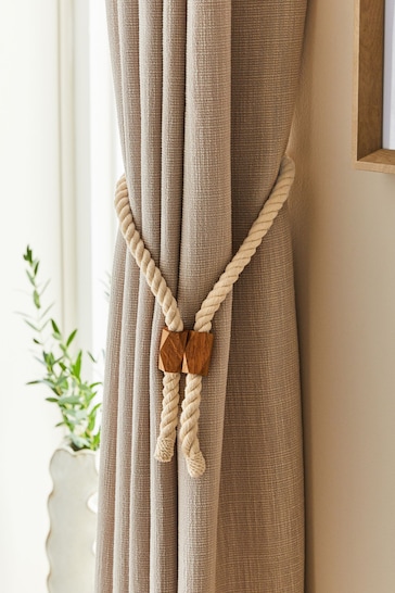 Natural Magnetic Rope and Wood Curtain Tiebacks Set of 2